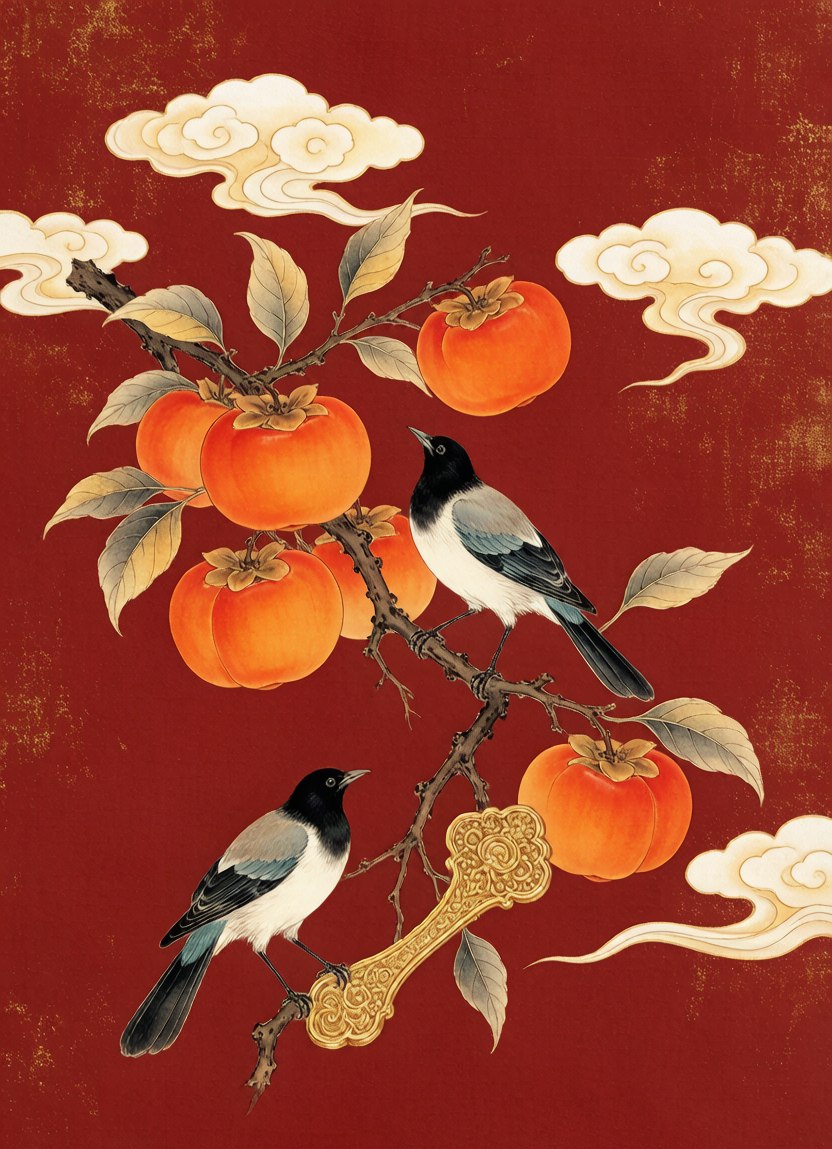 事事顺品牌图腾——柿子、如意与喜鹊工笔插画